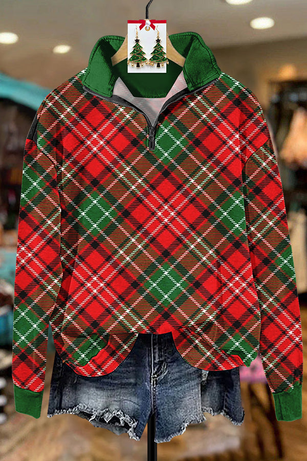 Christmas Plaid Zipper Sweatshirt