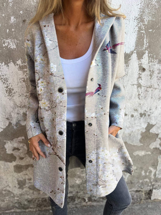 Floral and Bird Print Long Sleeve Button Hooded Jacket