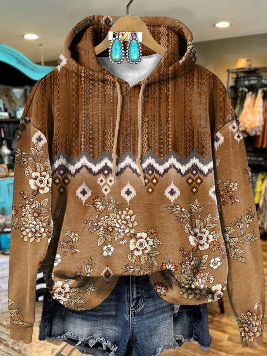 Retro Brown Diamond Flowers Art Print Casual Hoodie Sweatshirt