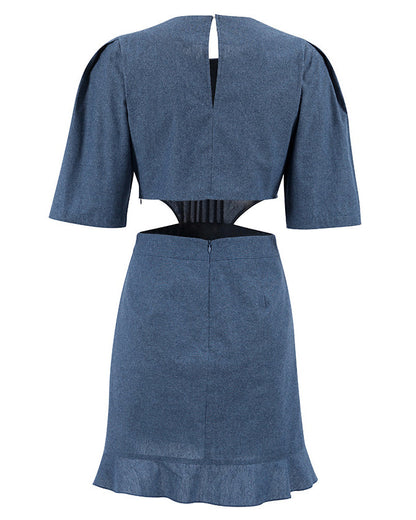 Retro Denim Short-Sleeved Puff Sleeve Hollow A-Line Dress