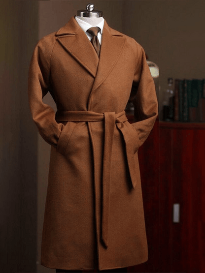 Men's Fashionable  With Open Pocket Design Casual Woolen Coat (Belt Included)