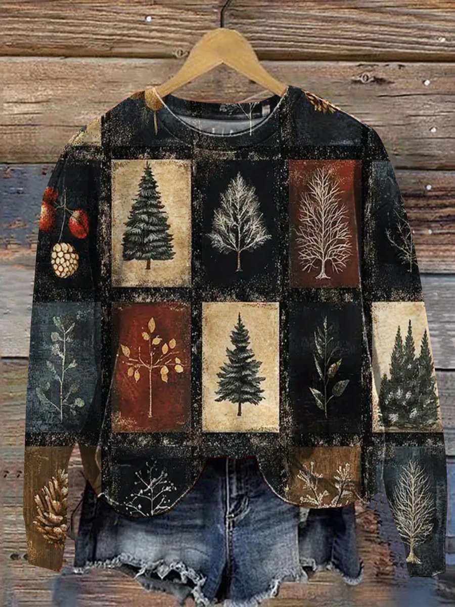 Vintage Christmas Patchwork Art Print Casual Sweatshirt