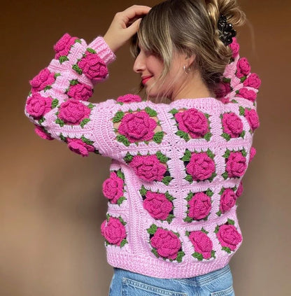 Pink Vitality Rose Three-Dimensional Flower Long-Sleeved Sweater