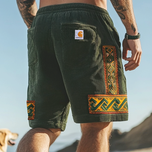 Men's Ethnic Pattern Splicing Outdoor Vintage Corduroy Multi Pocket Work Shorts Pants