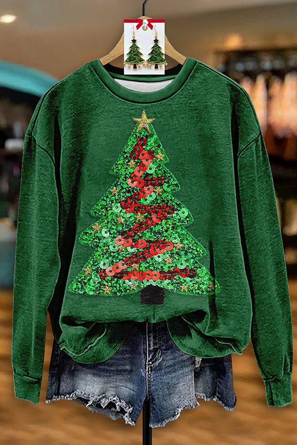 Pretty Sequined Christmas Tree Print Sweatshirt