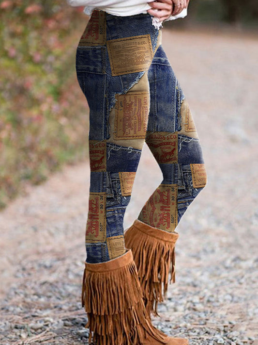 Vintage Denim Print Casual Leggings