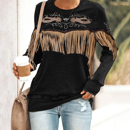 Casual Vintage Western Fringe Print Sweatshirt