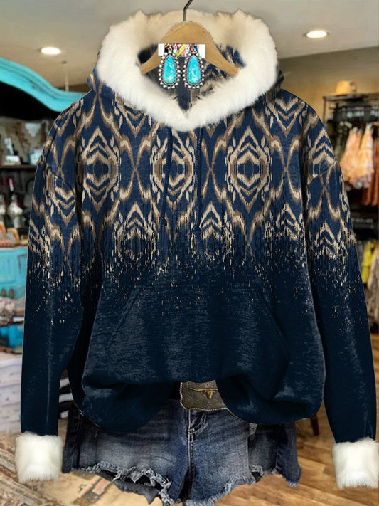 Navyblue Vintage Aztec Gradient Print Imitation Rabbit Fur Trim Casual Hoodie Sweatshirt