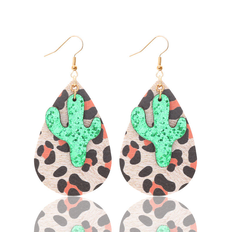 Vintage Leopard Print Cactus Drop Leather Earrings