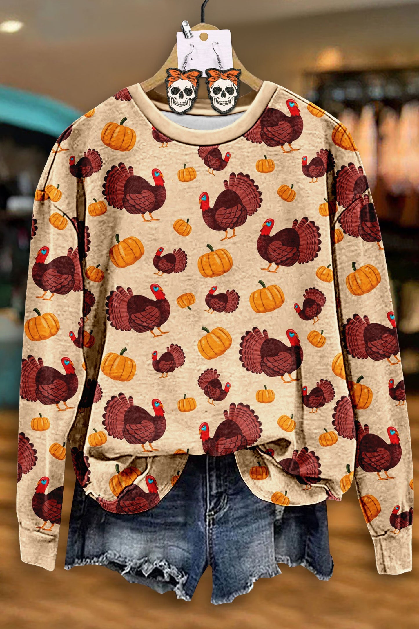 Casual Thanksgiving Turkey Pumpkin Print Sweatshirt