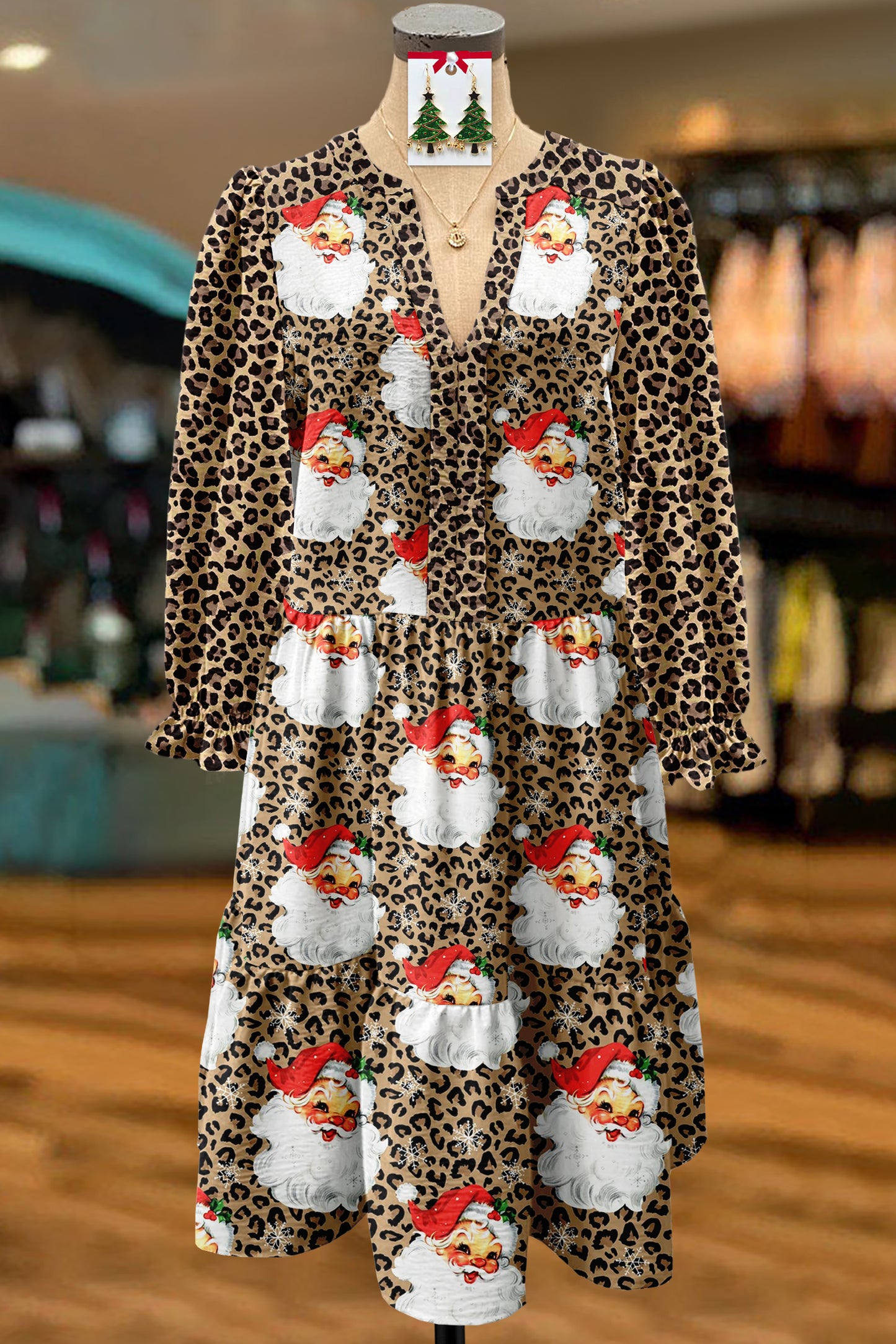 Classic Christmas Santa Claus Print Textured Dress