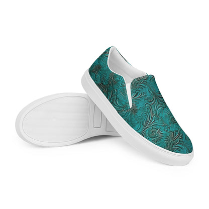 Turquoise Leather Print Women__ Slip-on Canvas Shoes