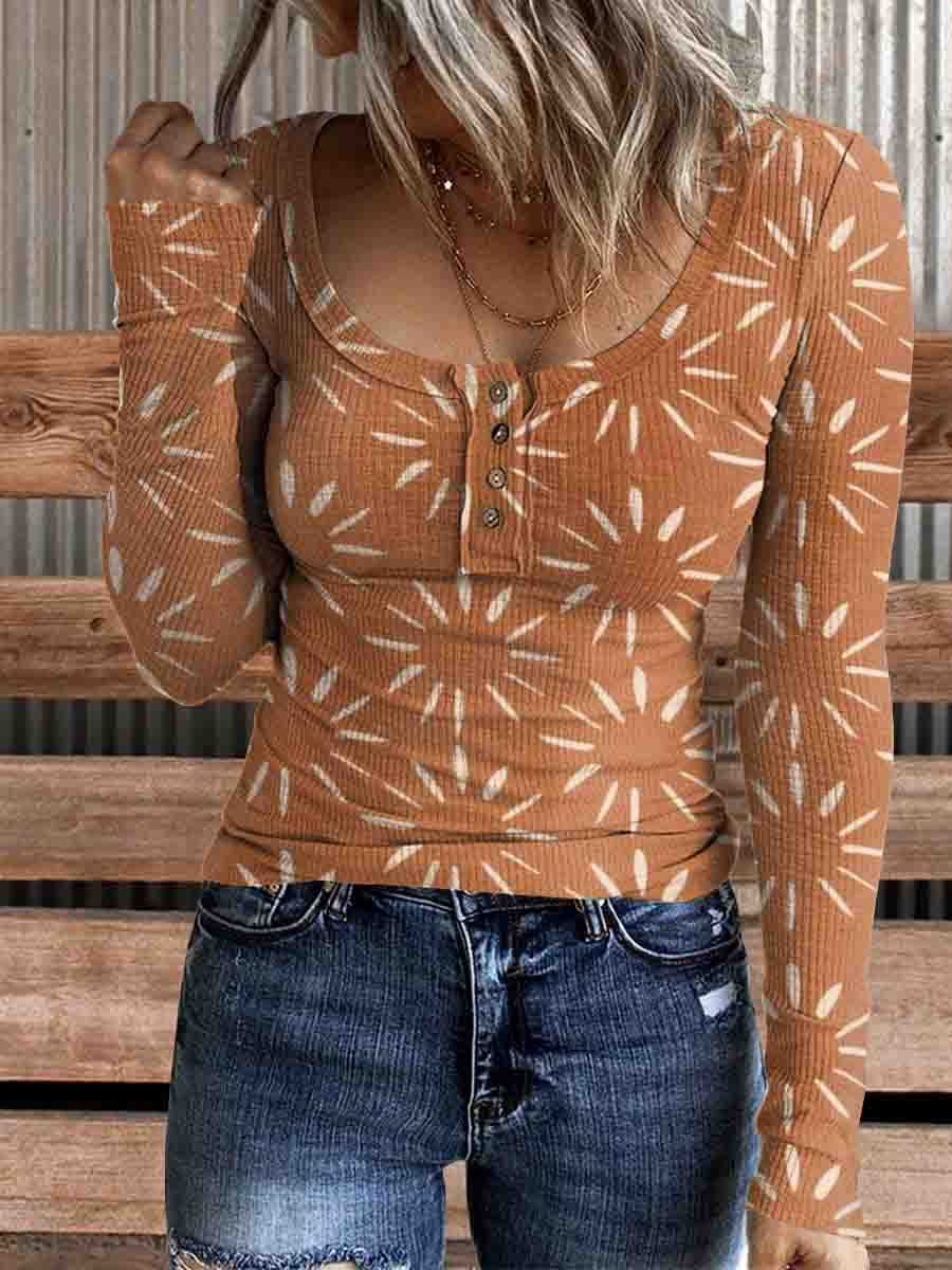 Women's Vintage Floral Print Casual Long Sleeve Comfortable Cotton Henley Top