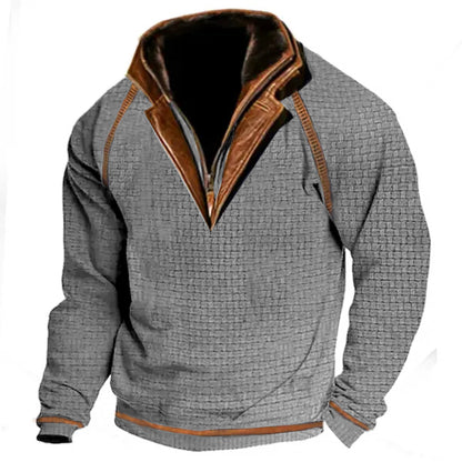 Men's Outdoor Casual Waffle Zip Polo Sweatshirt Double Layer Stand Collar Long Sleeve Vintage Contrast Tactical Pullover