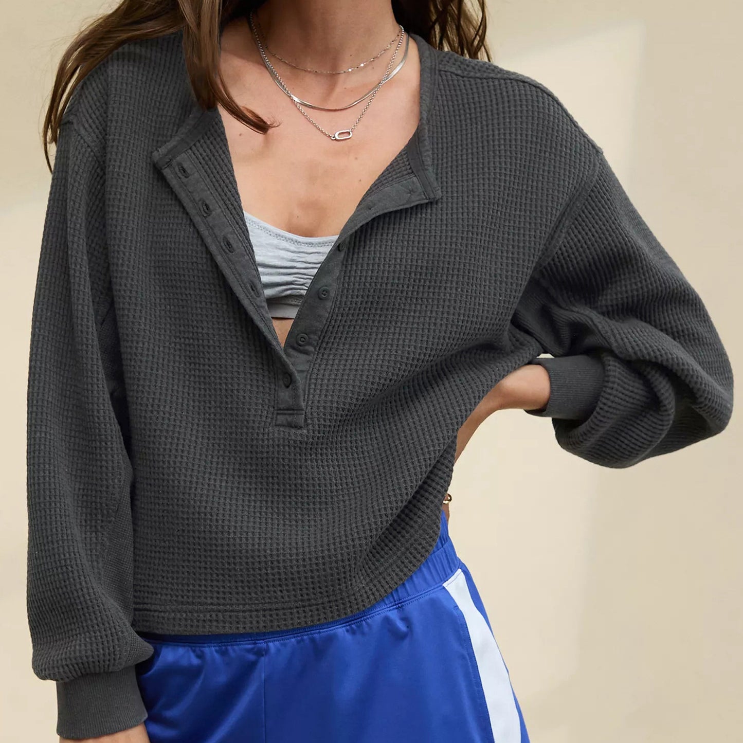 New Button Waffle Loose Casual Sweater Top Autumn And Winter Women's Clothing