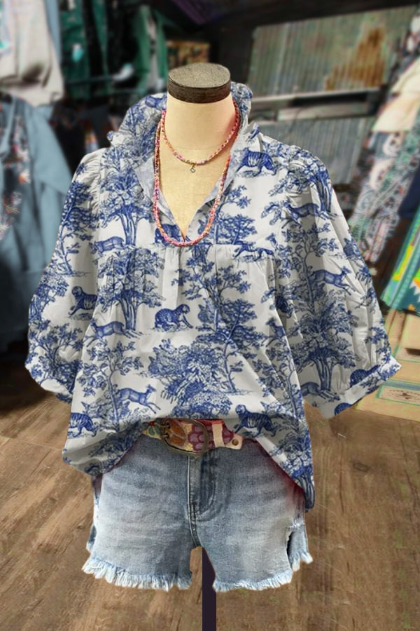 Elegant Floral Print V-Neck Bubble Sleeve Top