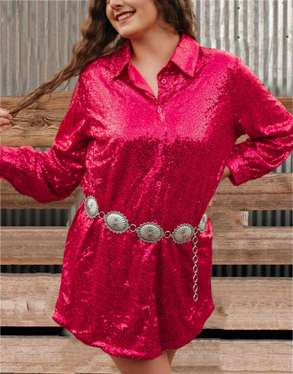 Casual Shiny Long Sleeve Shirt Dress