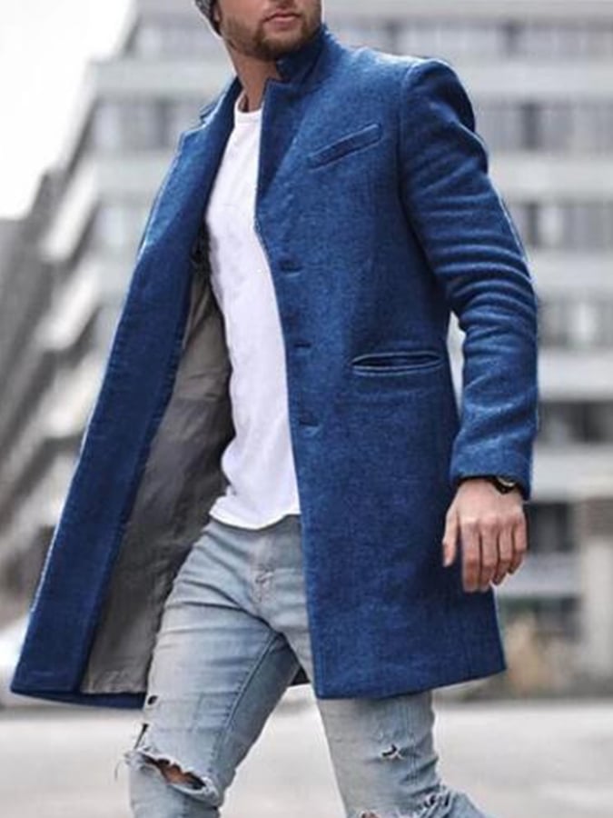 Men'S Commuting Button Lapel Mid-Length Woolen Coat