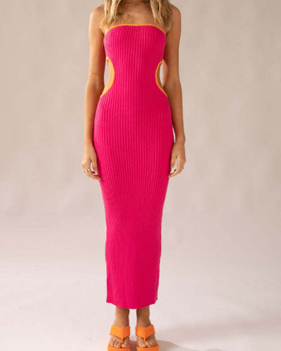 Ribbed Waist Cutout Strapless Slim Fit Dress