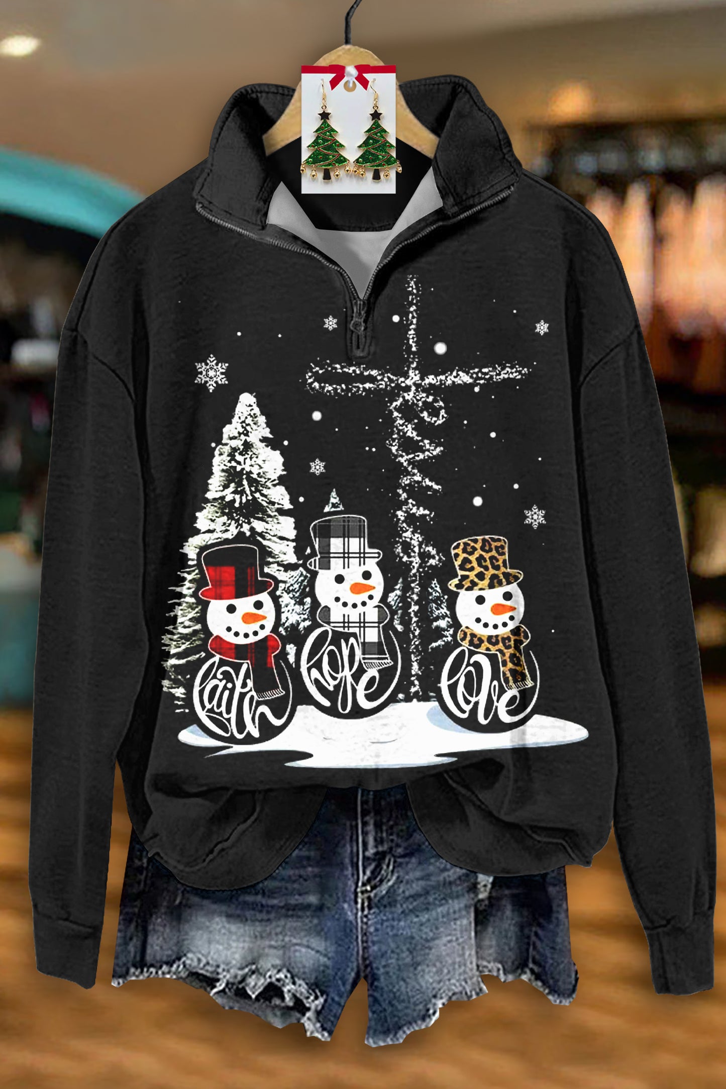 Classic Christmas Snowman Print Zip-UpSweatshirt