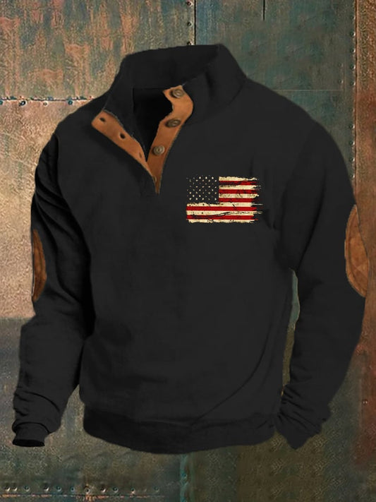 Men's Retro Flag Print Stand Collar Button Sweatshirt