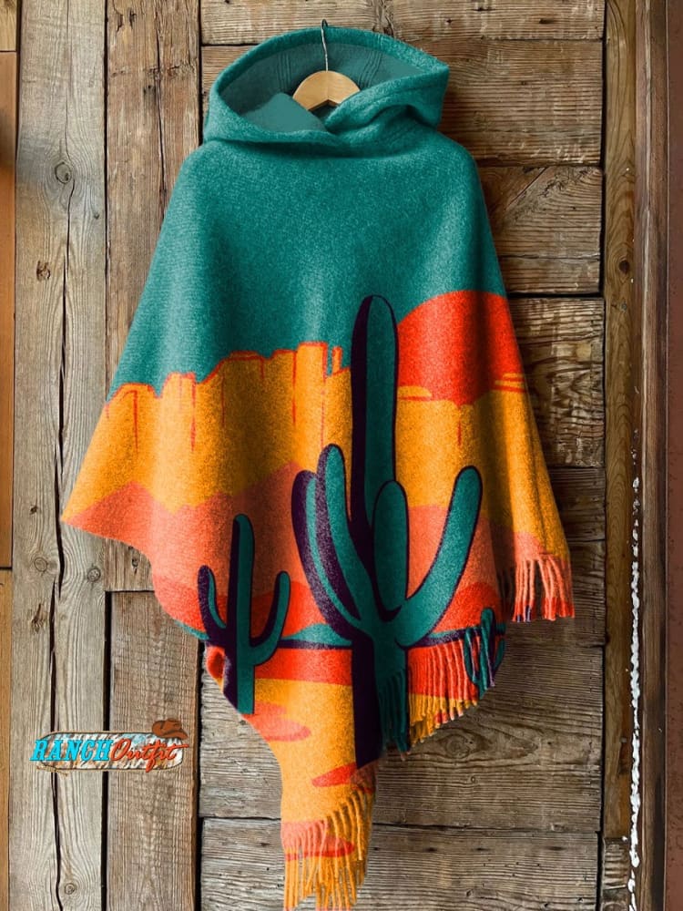 Women's Vintage Art Print Casual Knitted Blanket Poncho Hood Cape