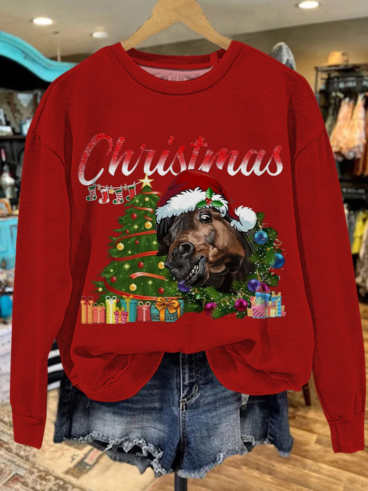 Christmas Horse Print Casual Sweatshirt