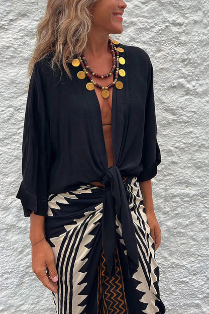 Summer Mood Satin Tie Front Relaxed Blouse