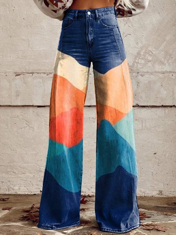 Women's Retro Gradient Color Block Wide Leg Pants