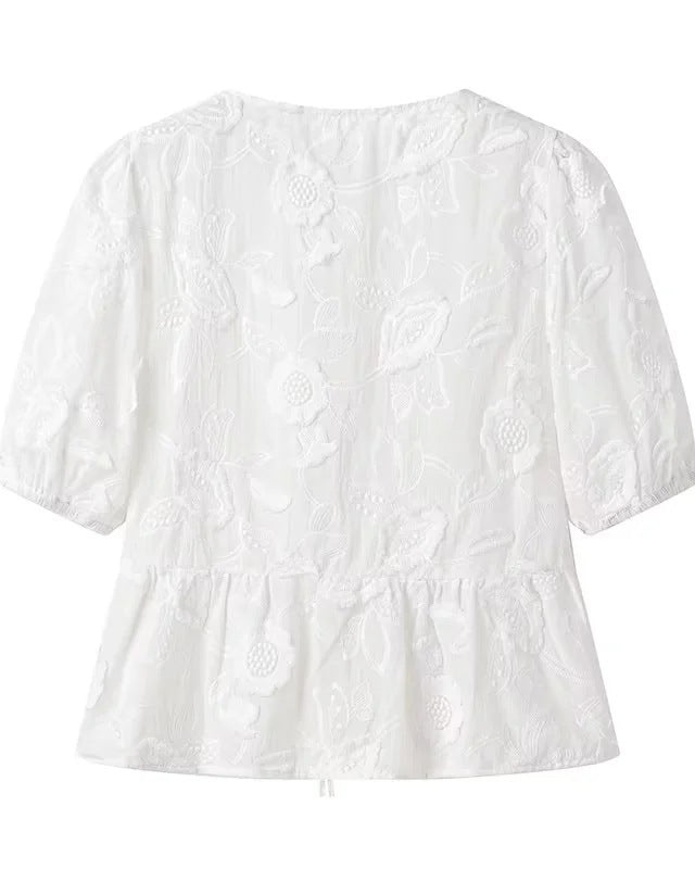 Round Neck Puff Sleeves Lace-up Embroidered Shirt