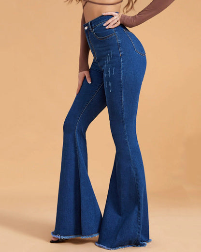 Solid Color Stretch High Waist Flare Jeans