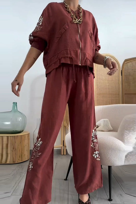 Women's Casual Sequined Cotton and Linen Pants Suit