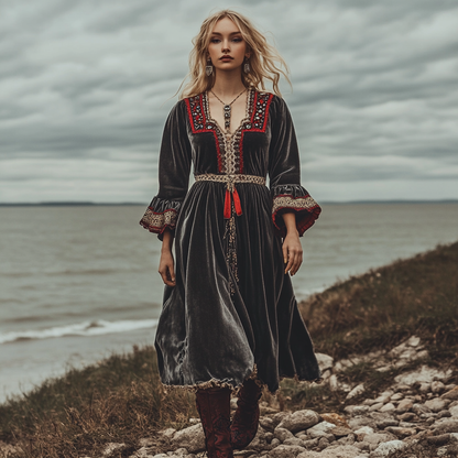 Breezy Bohemian Beach Vacation Autumn And Winter Velvet Ethnic Style Fluttering Dress