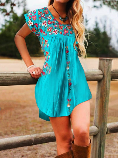 Crew Neck Short Sleeve Floral-Print Dresses