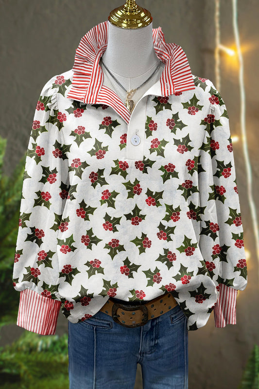 Cute Christmas Plants Print Puff Sleeve Blouse