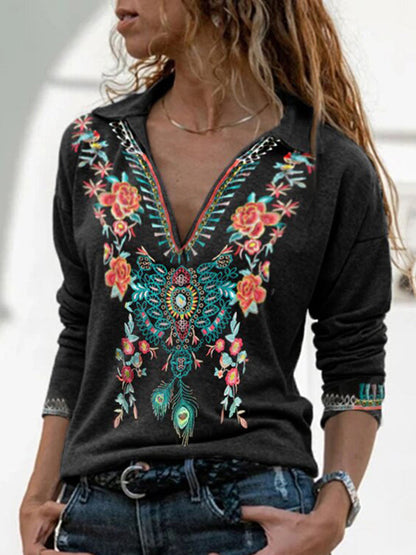 V Neck Tribal Printed Long Sleeve Casual T-Shirt