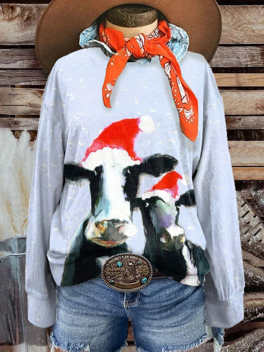 Women's Christmas Cow Casual Print Corduroy Sweatshirt