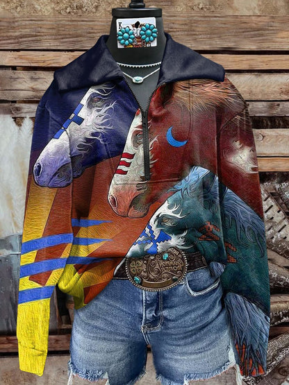 Wild West Horse Art Print Cozy Plush Sweatshirt