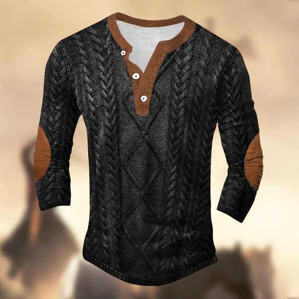 Men's Vintage Country Western Knitt Print Henley Print Long Sleeve T-Shirt