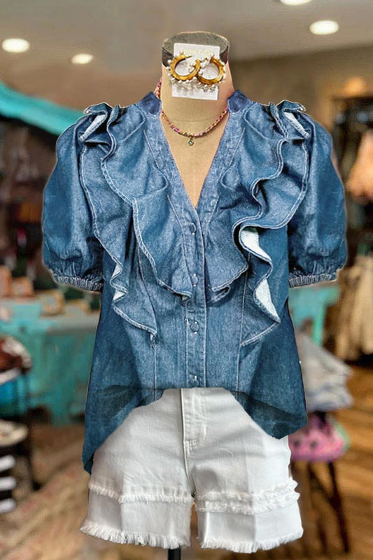 Elegant Ruffled V-neck Denim Blouse