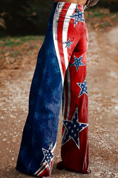 Vintage Stars Stripes Print Casual Wide Leg Pants