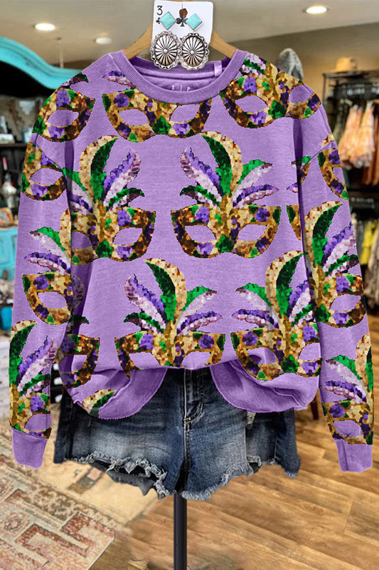 Casual Puff Sleeve Mardi Gras Printed Sweatshirt