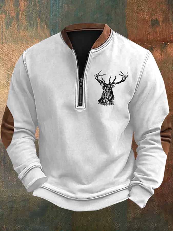 Men's Vintage Western Elk Print Zip-Up Sweatshirt