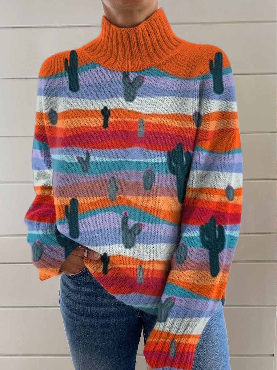 Colorful Striped Cactus Printing Knit Turtleneck Pullover Sweater