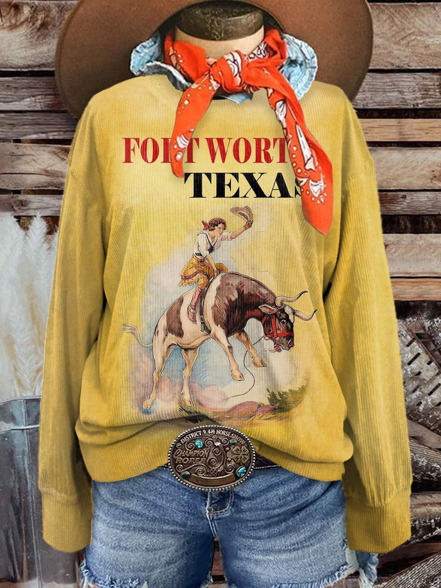 Women's Retro Cowgirl Training Print Casual Corduroy Sweatshirt