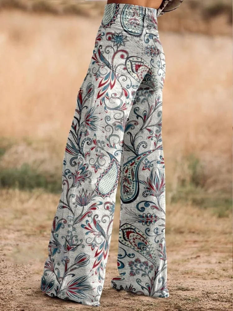 Women's Flower Paisley Print Casual Wide Leg Pants