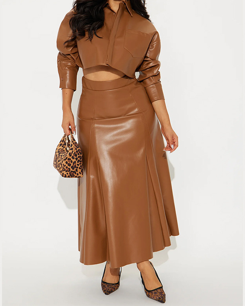 Lapel Leather Mid-Length Skirt Suit