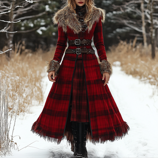 Women's Christmas Woolen Fox Fur Splicing Dress Tartan Print Double Breasted Overcoat