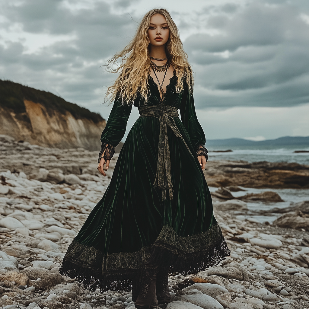 Breezy Bohemian Beach Vacation Autumn And Winter Velvet Ethnic Style Fluttering Dress