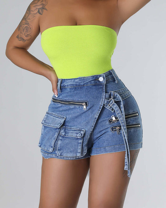 Stretch-Zip Multi-Pocket Denim Shorts